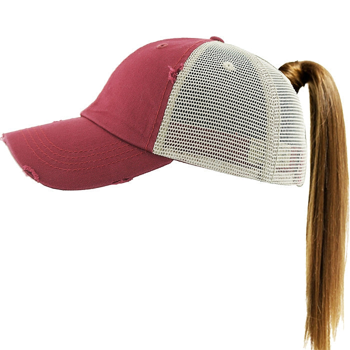 PONY002M Ponytail Distressed Mesh Cotton Cap – Honeytote
