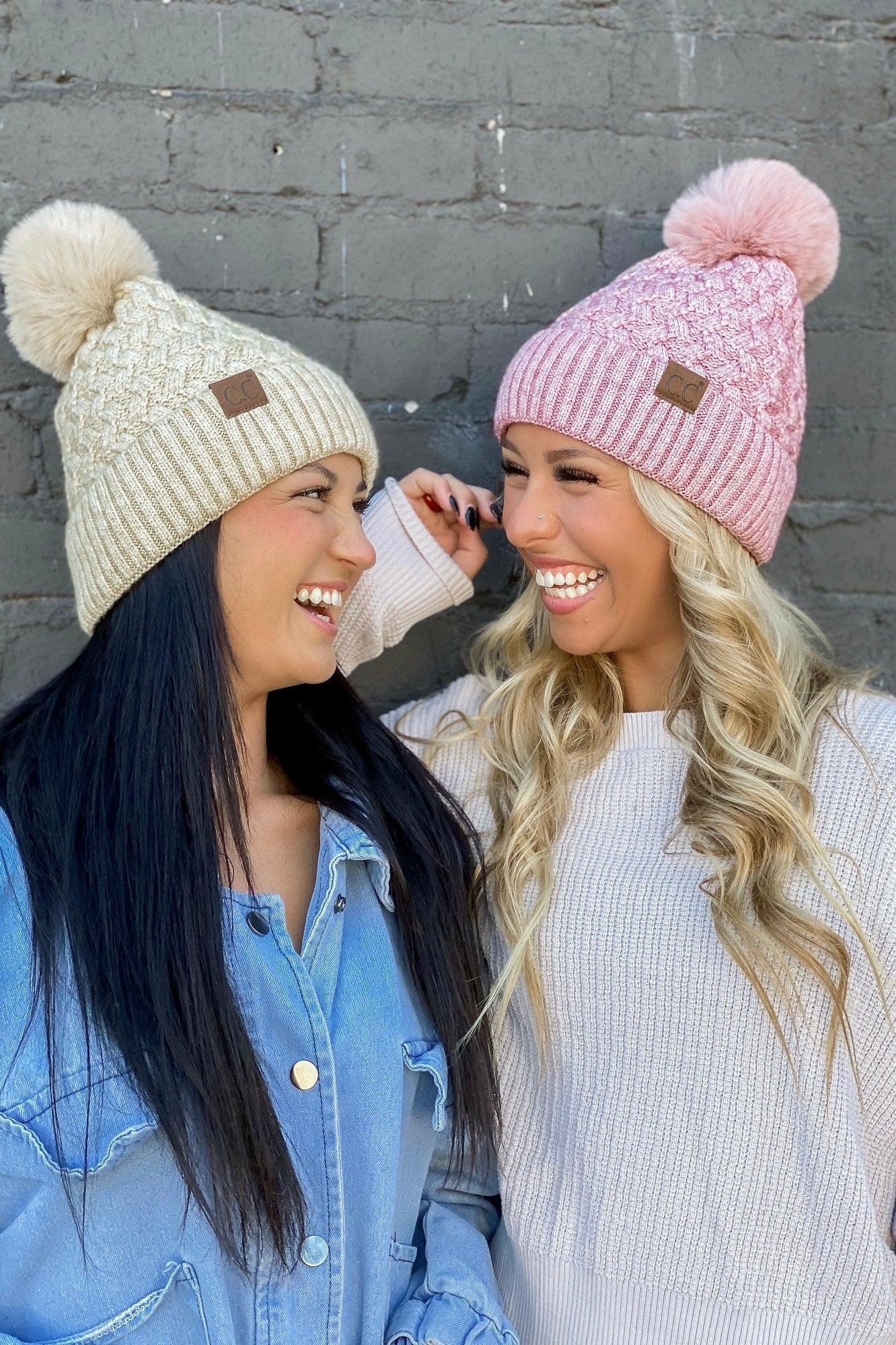 HAT3861 Kayley Woven Cable Knit Cuffed Pom Beanie