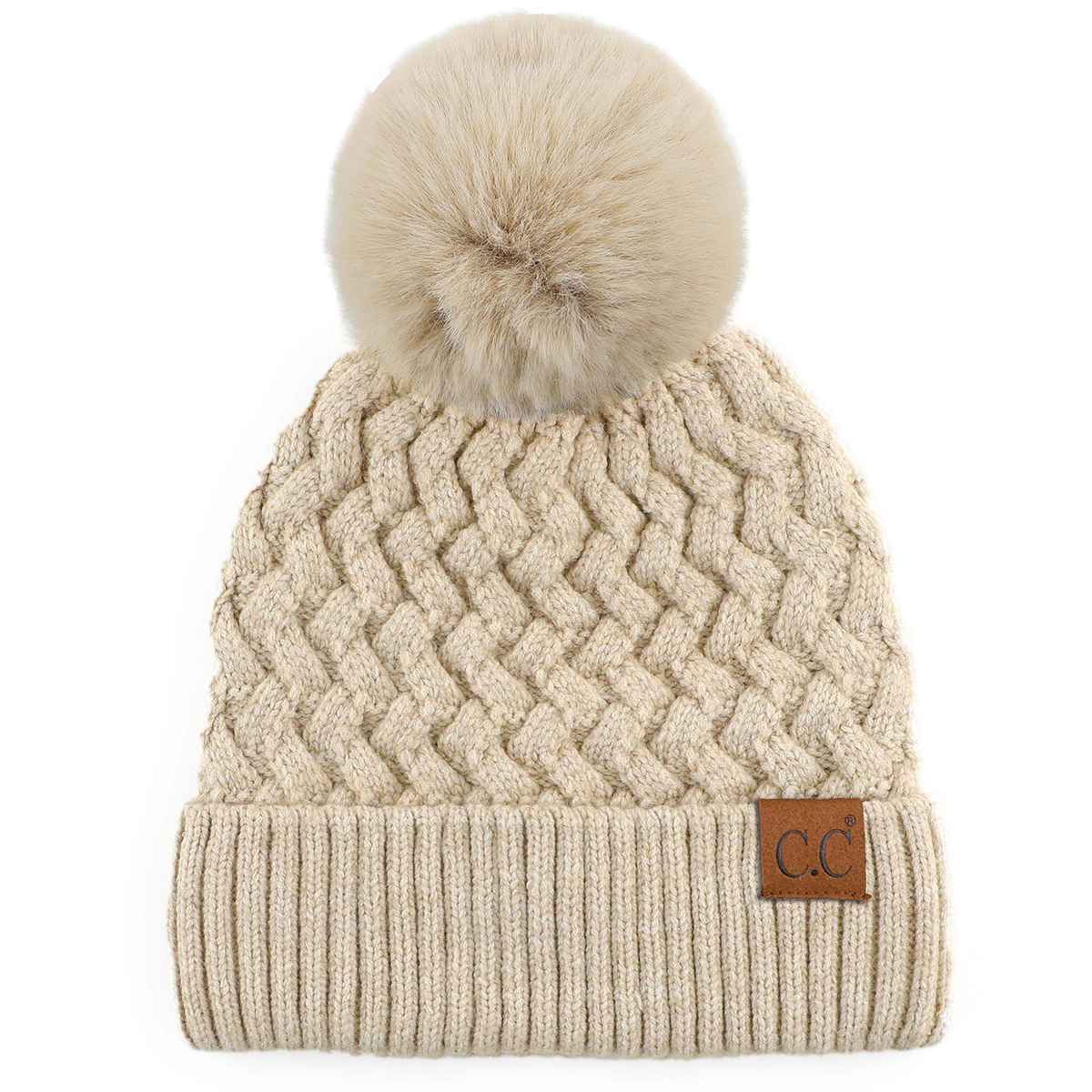 HAT3861 Kayley Woven Cable Knit Cuffed Pom Beanie