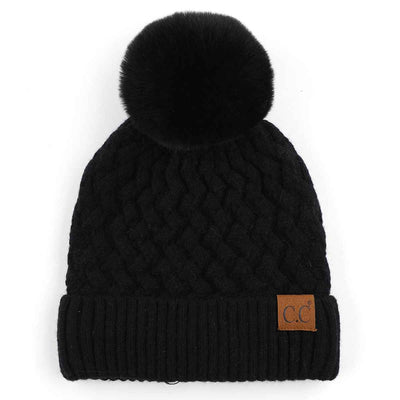 HAT3861 Kayley Woven Cable Knit Cuffed Pom Beanie