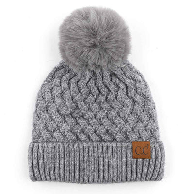 HAT3861 Kayley Woven Cable Knit Cuffed Pom Beanie