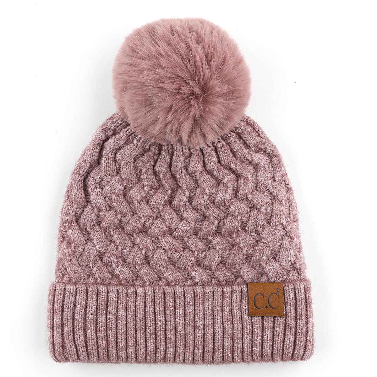 HAT3861 Kayley Woven Cable Knit Cuffed Pom Beanie