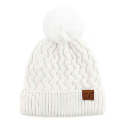 HAT3861 Kayley Woven Cable Knit Cuffed Pom Beanie