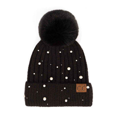 HAT4008 Naomi Pearl Embellished Pom Beanie