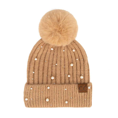 HAT4008 Naomi Pearl Embellished Pom Beanie