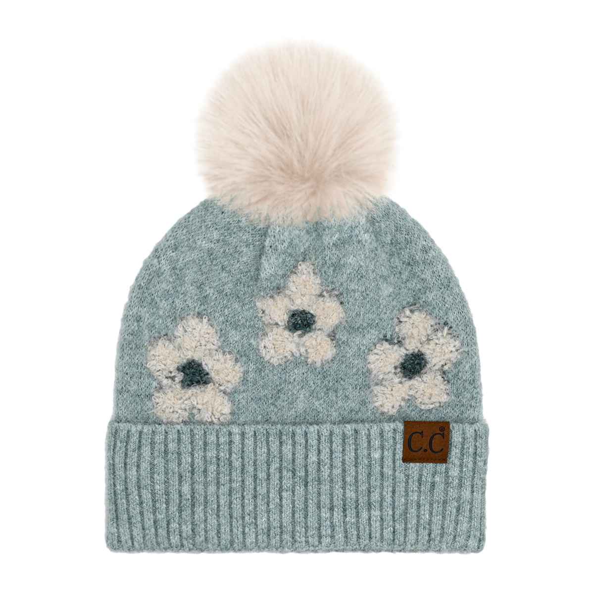 HTC0079 Darla Daisy Contrast Fur Pom Beanie