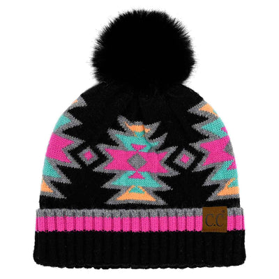 HTE0030 Penelope Southwest Pattern Pom Beanie