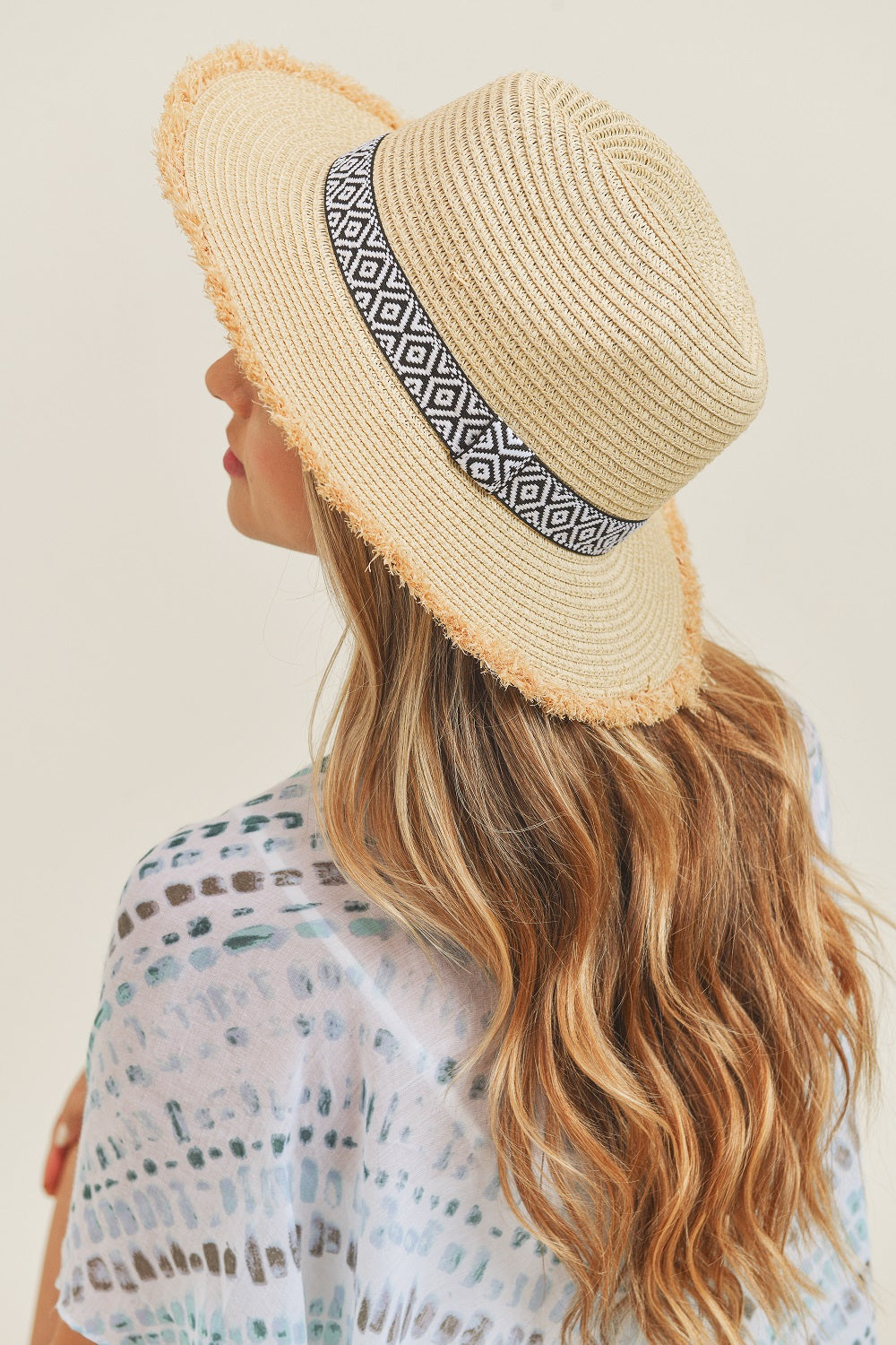 MH0039 Frayed Trim Aztec Banded Straw Hat
