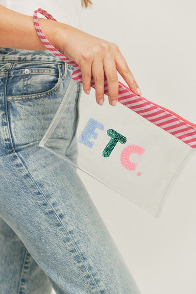 Sequin Letter Pink Trim Clear Pouch