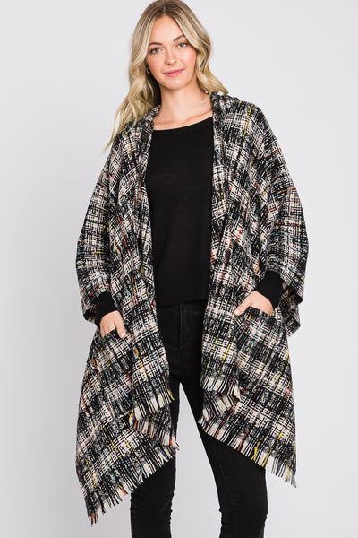 MS0317 Erika Plaid Fringe Ruana With Hoodie