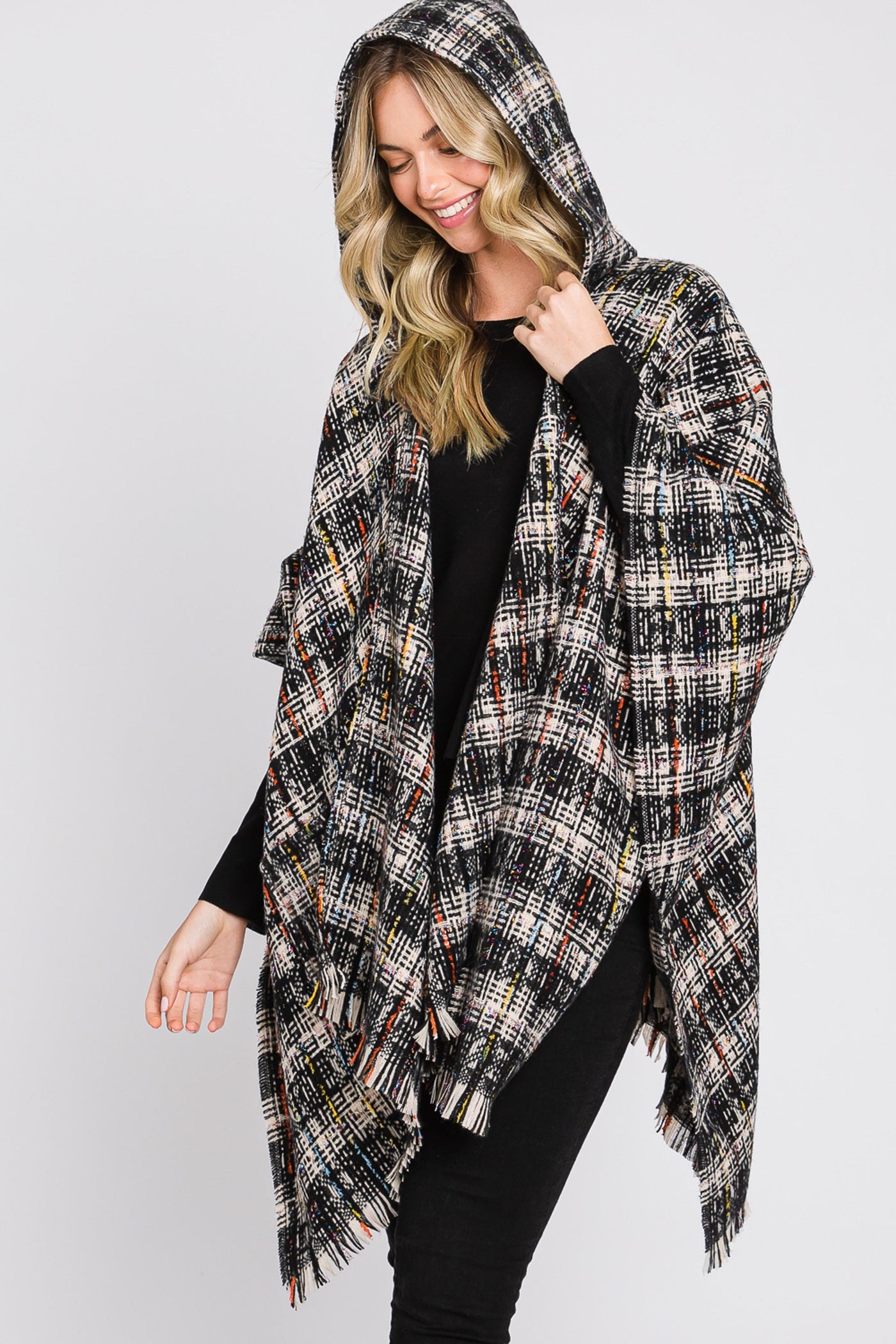 MS0317 Erika Plaid Fringe Ruana With Hoodie