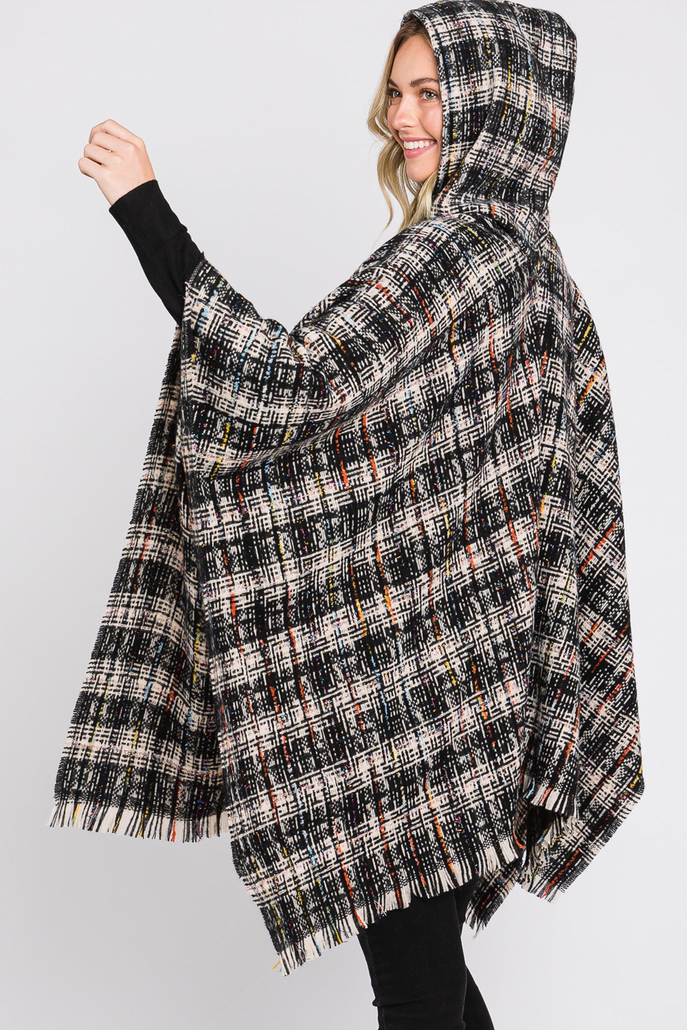 MS0317 Erika Plaid Fringe Ruana With Hoodie