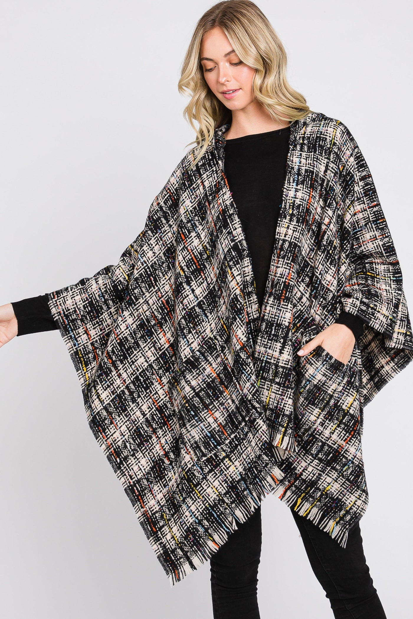 MS0317 Erika Plaid Fringe Ruana With Hoodie