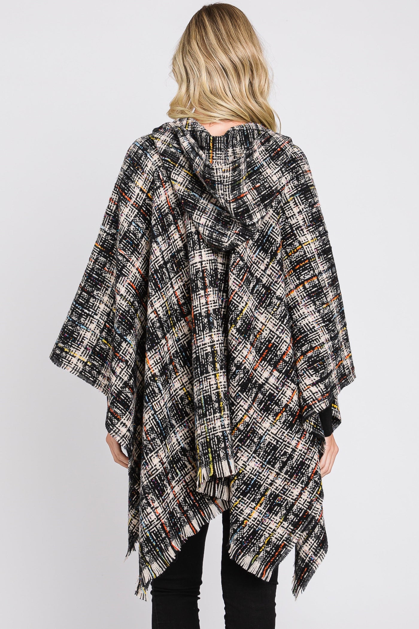 MS0317 Erika Plaid Fringe Ruana With Hoodie