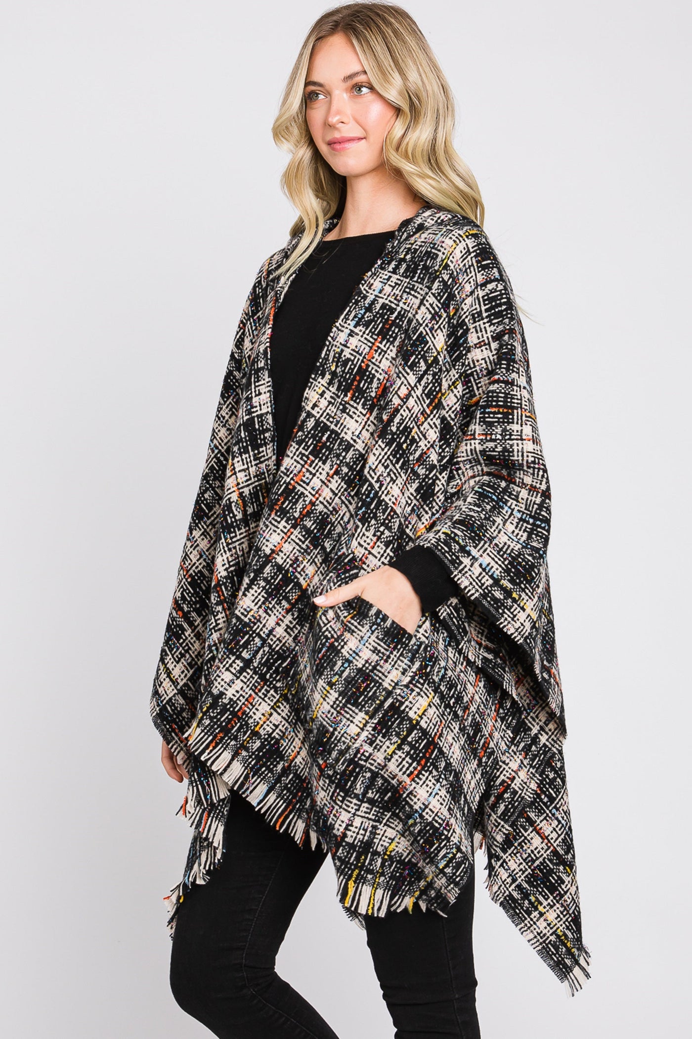 MS0317 Erika Plaid Fringe Ruana With Hoodie