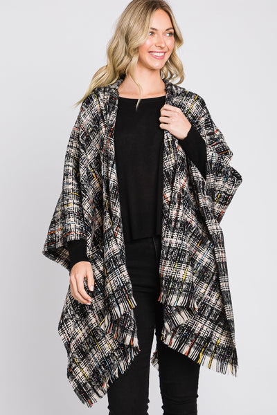 MS0317 Erika Plaid Fringe Ruana With Hoodie