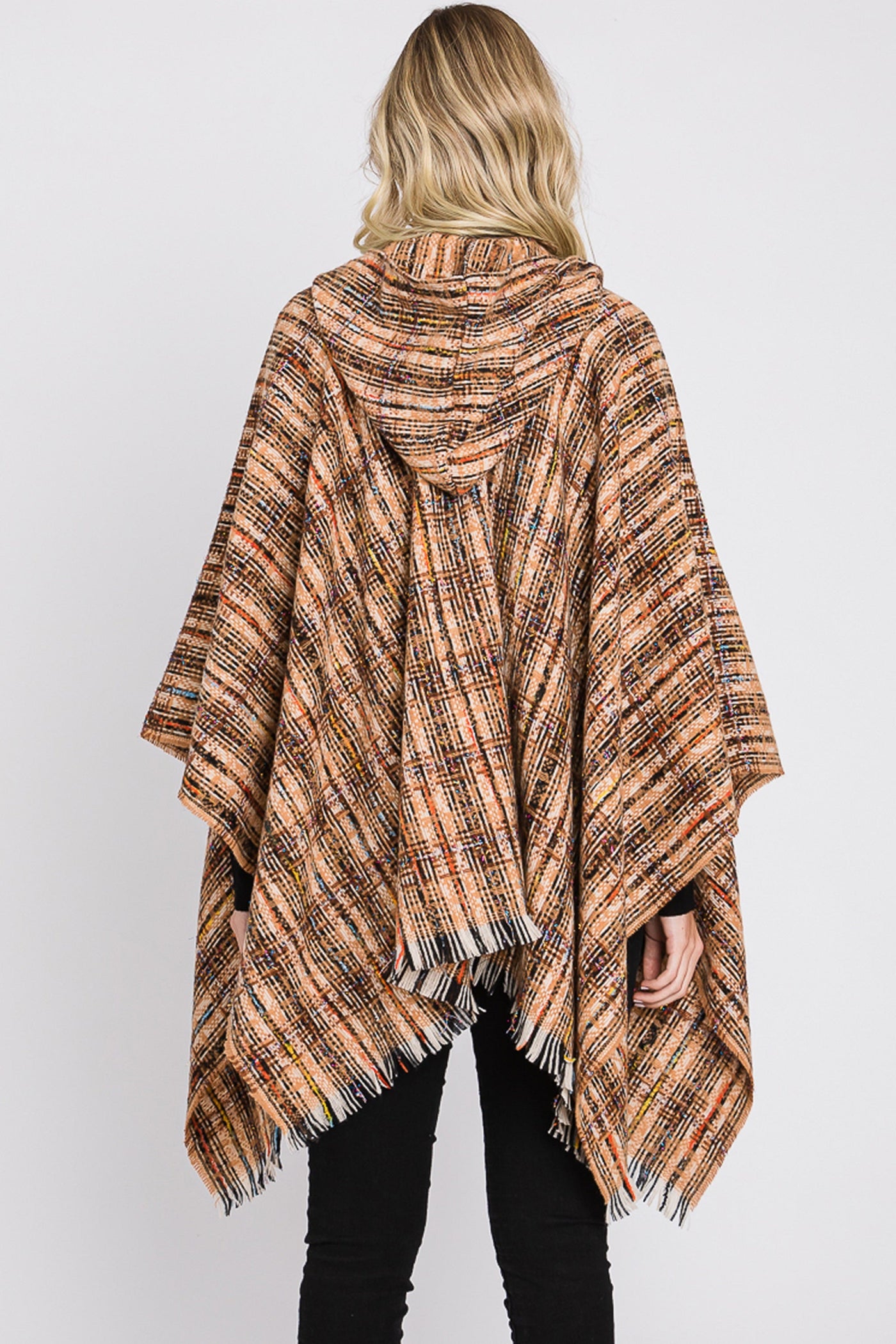 MS0317 Erika Plaid Fringe Ruana With Hoodie