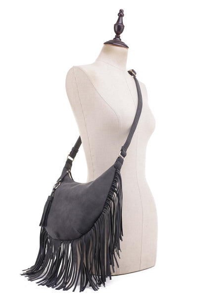 SJ20309 Soft Leather Fringe Hobo/Crossbody Bag With Tassel