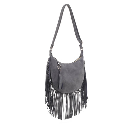 SJ20309 Soft Leather Fringe Hobo/Crossbody Bag With Tassel