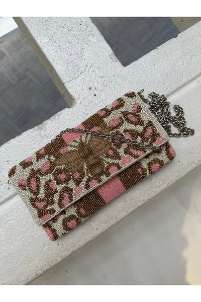 AB21420 Nyla Pink Bee and Leopard Beaded Clutch - Honeytote