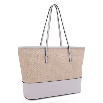 93130 Straw Shopper Tote With Vegan Leather Trim