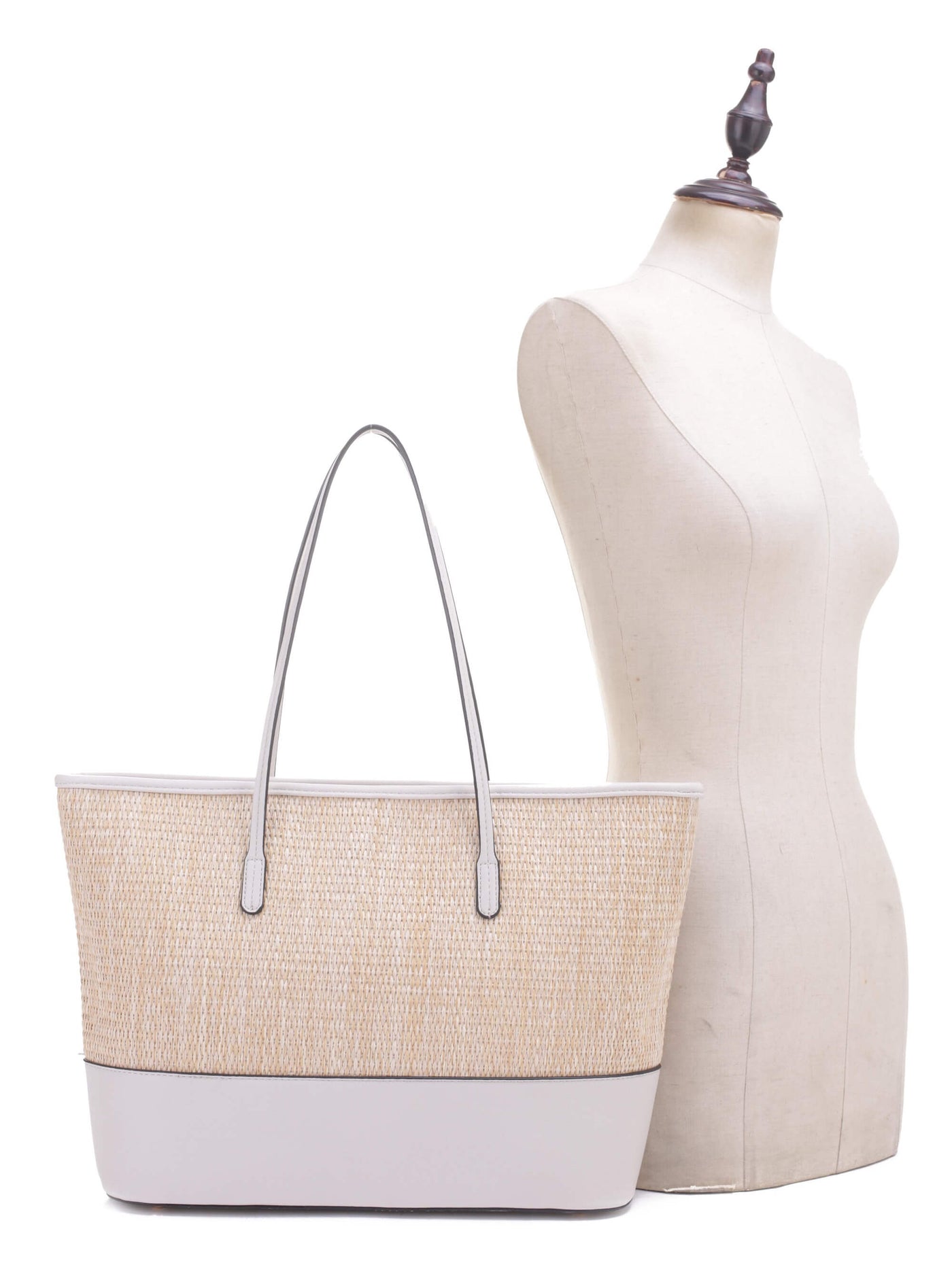 93130 Straw Shopper Tote With Vegan Leather Trim
