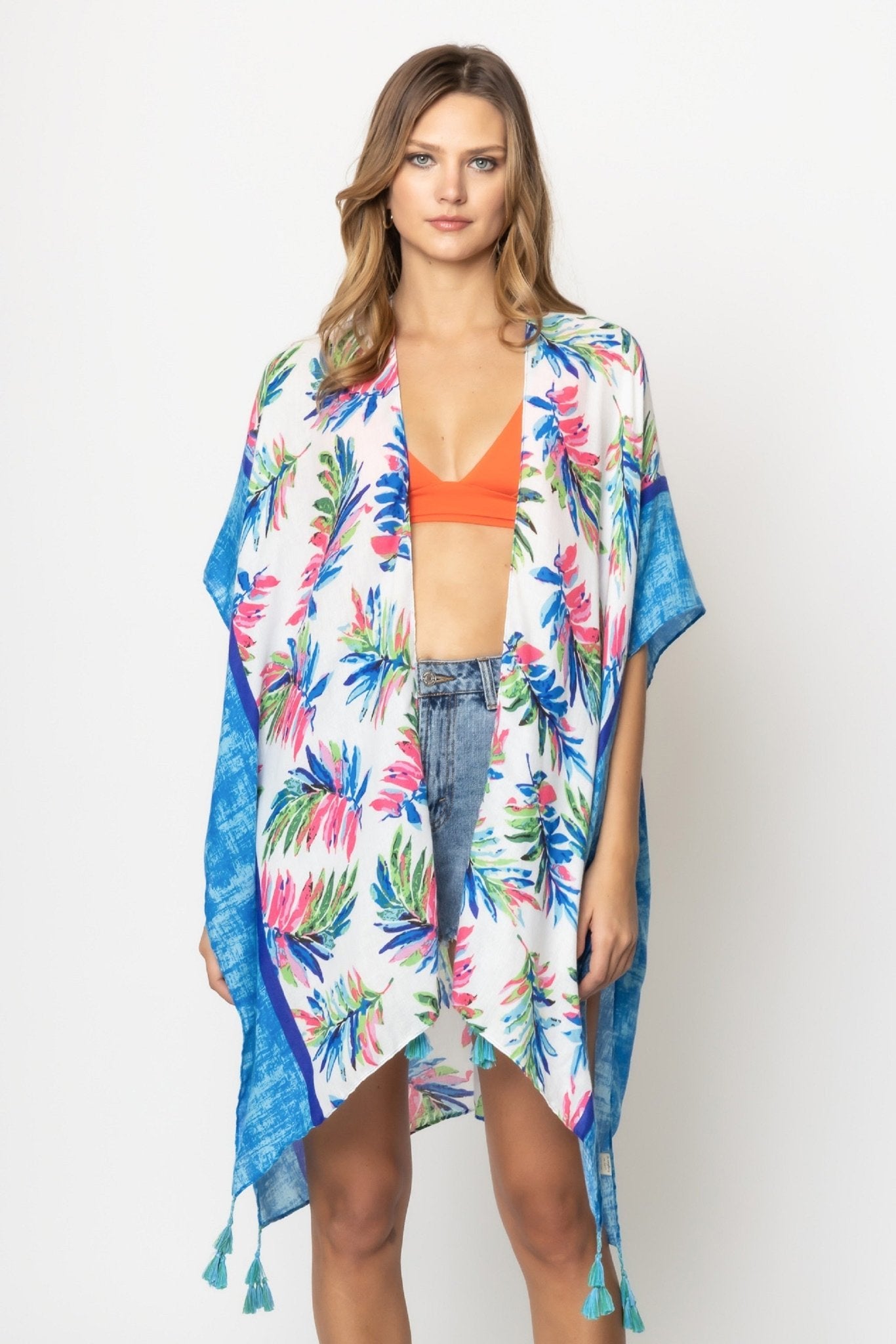 BLK310151 Laura Palm Leaf Print Kimono