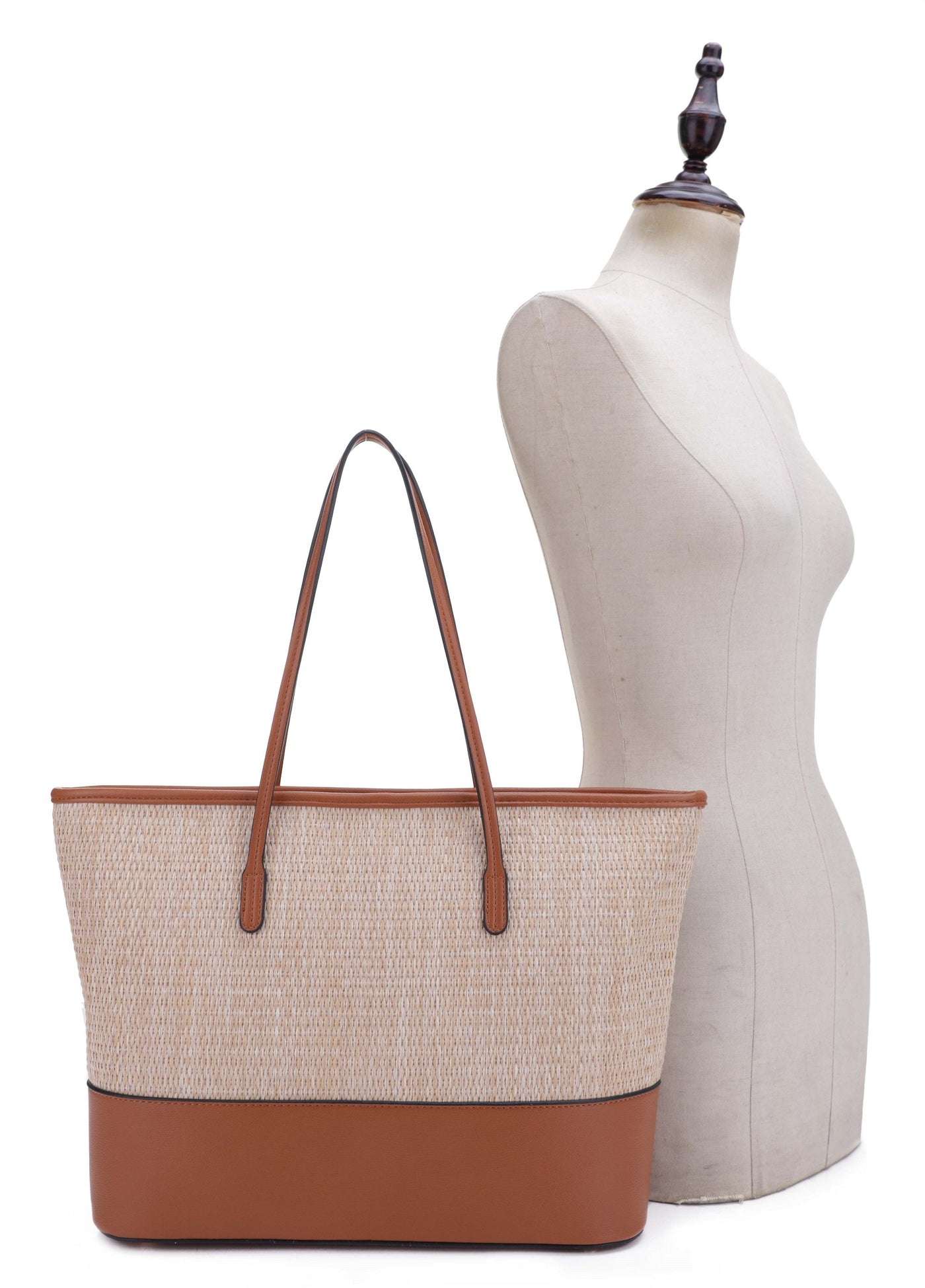 93130 Straw Shopper Tote With Vegan Leather Trim