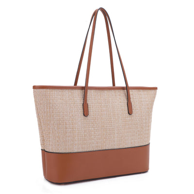 93130 Straw Shopper Tote With Vegan Leather Trim