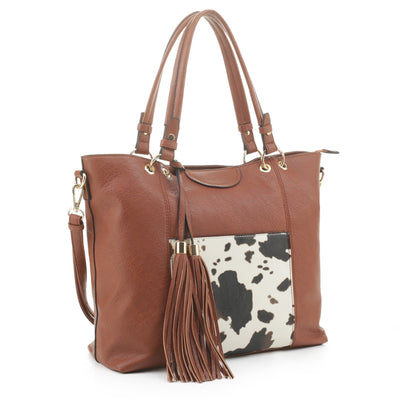 EJ91503C Cow Front Pocket Fashion Tote With Tassel - Honeytote