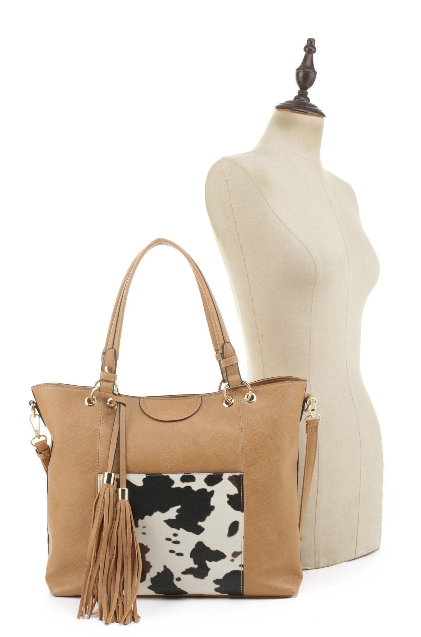 EJ91503C Cow Front Pocket Fashion Tote With Tassel - Honeytote