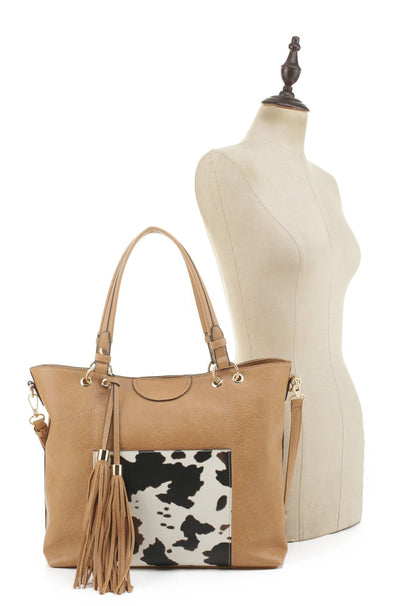 EJ91503C Cow Front Pocket Fashion Tote With Tassel - Honeytote