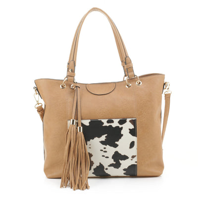 EJ91503C Cow Front Pocket Fashion Tote With Tassel - Honeytote