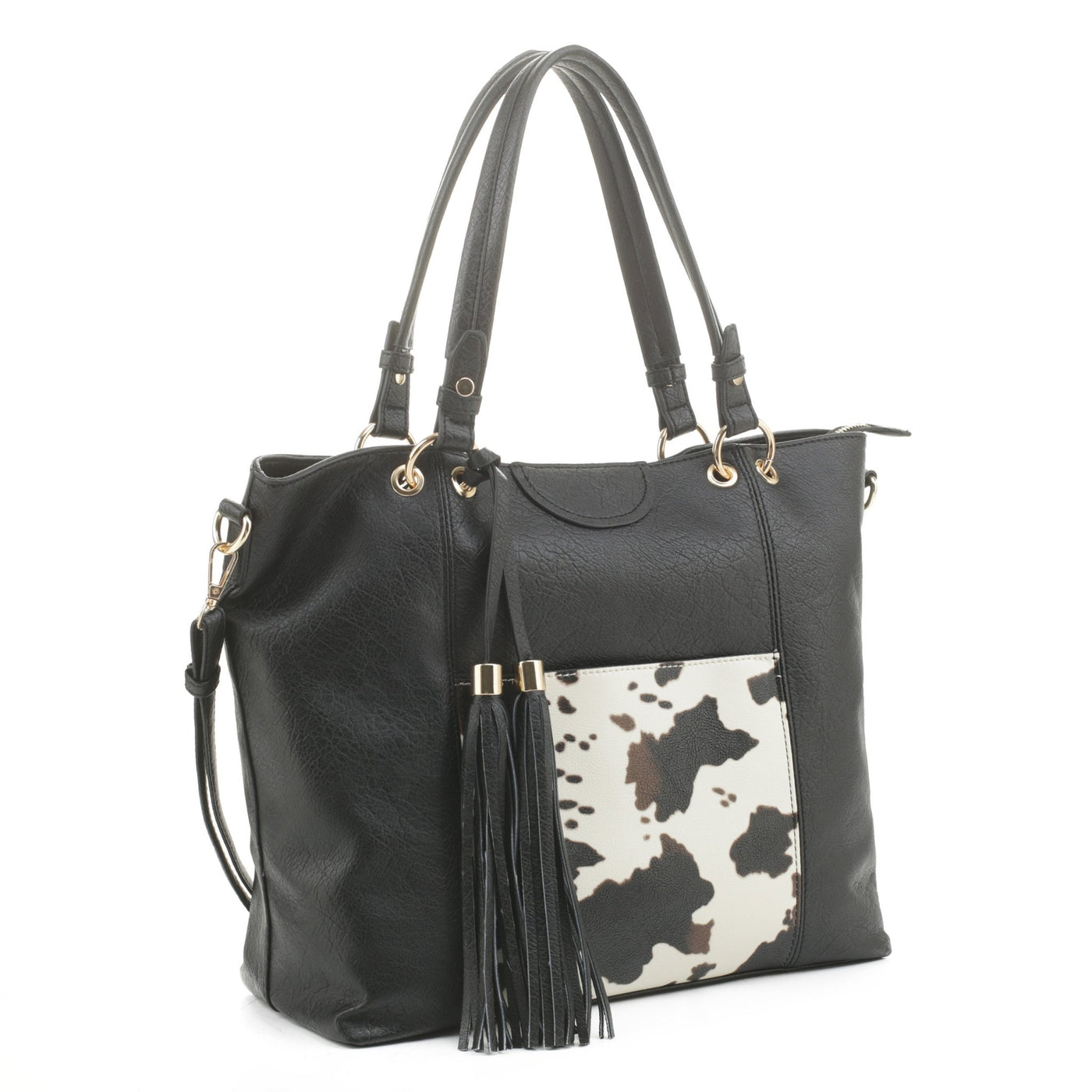 EJ91503C Cow Front Pocket Fashion Tote With Tassel - Honeytote