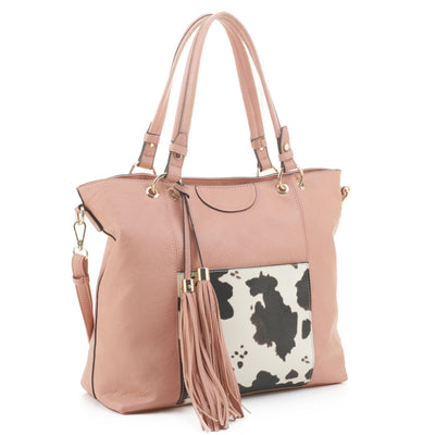 EJ91503C Cow Front Pocket Fashion Tote With Tassel - Honeytote