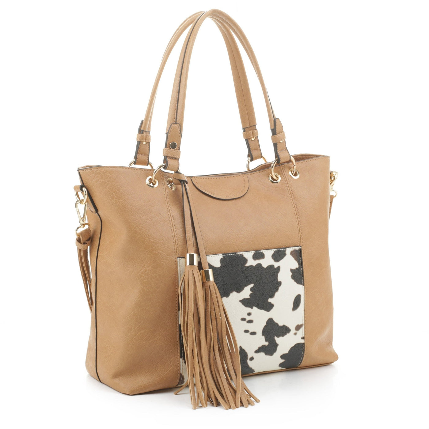 EJ91503C Cow Front Pocket Fashion Tote With Tassel - Honeytote