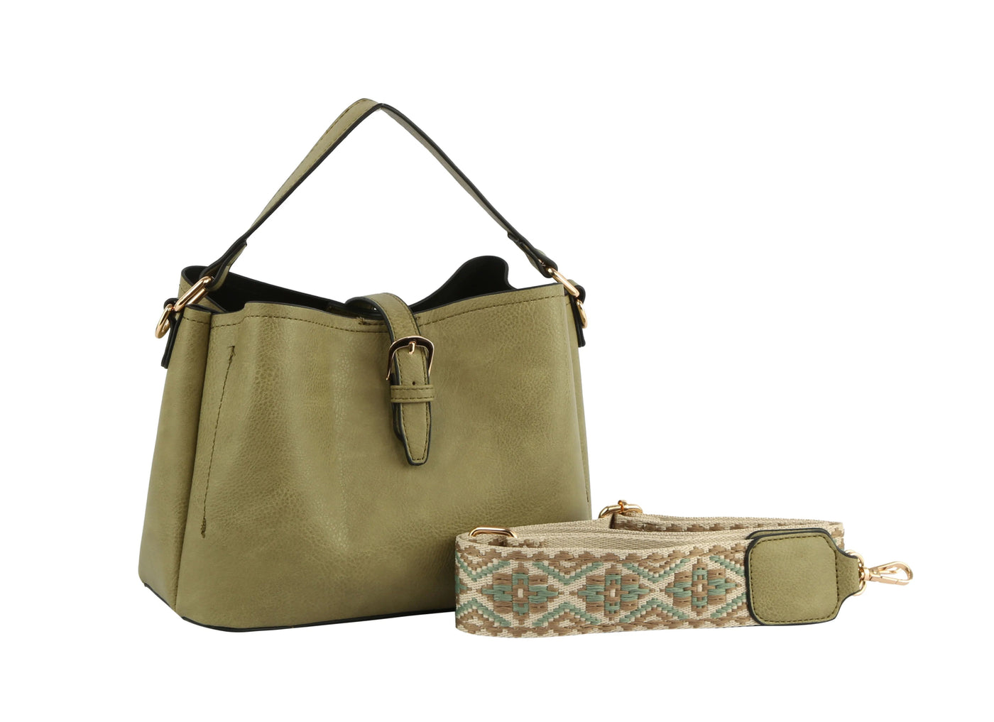 GL0009-1 Buckle Flap Shoulder Bag with Aztec Pattern Strap - Honeytote