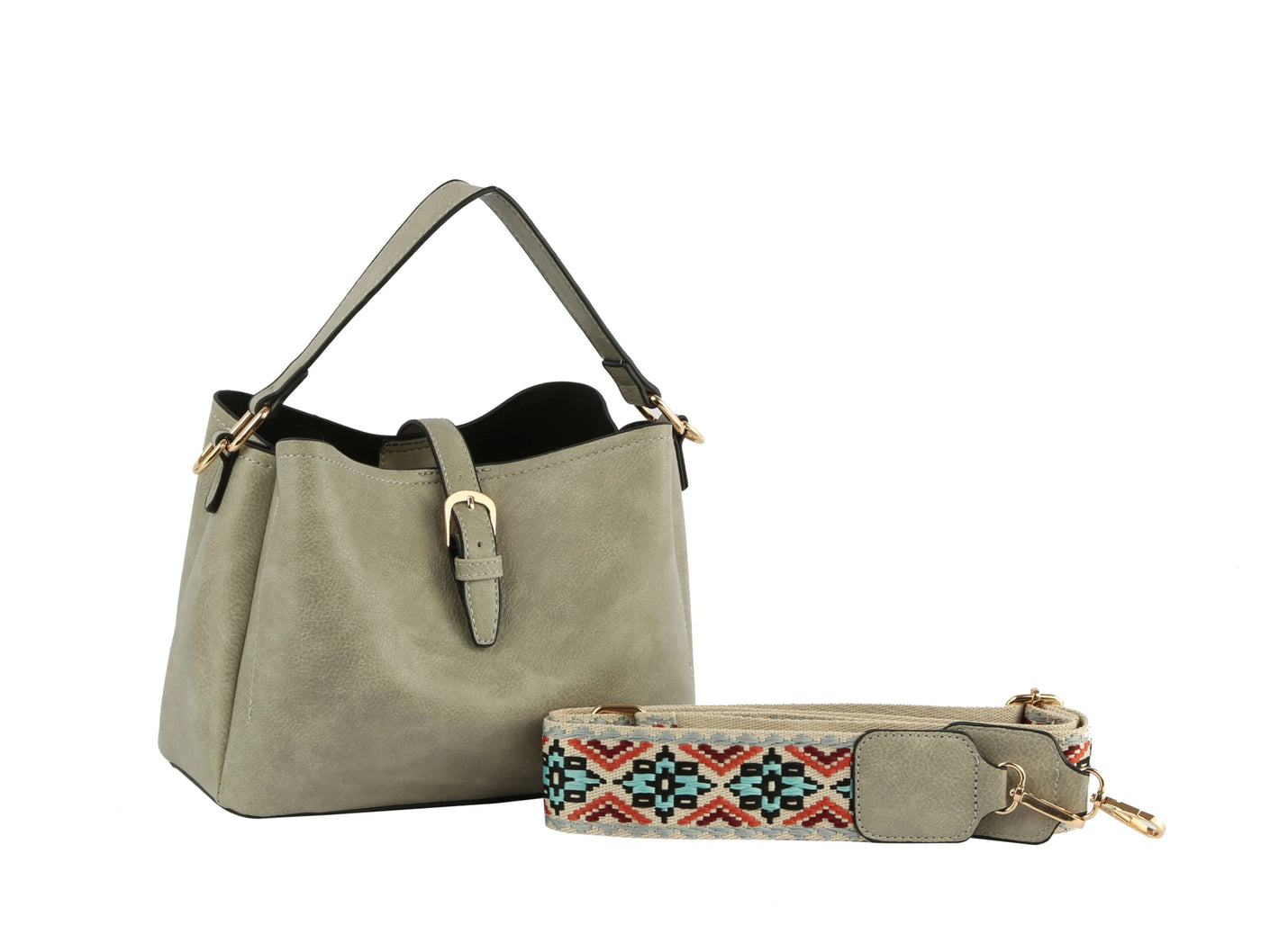 GL0009-1 Buckle Flap Shoulder Bag with Aztec Pattern Strap - Honeytote