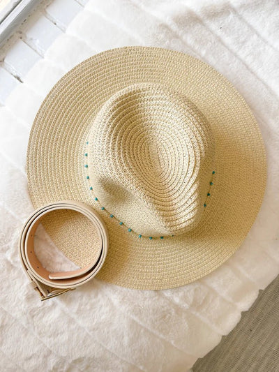 H3318 Turquoise Bead Chain Straw Panama Sun Hat - Honeytote