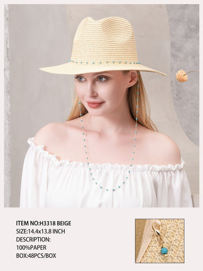 H3318 Turquoise Bead Chain Straw Panama Sun Hat - Honeytote