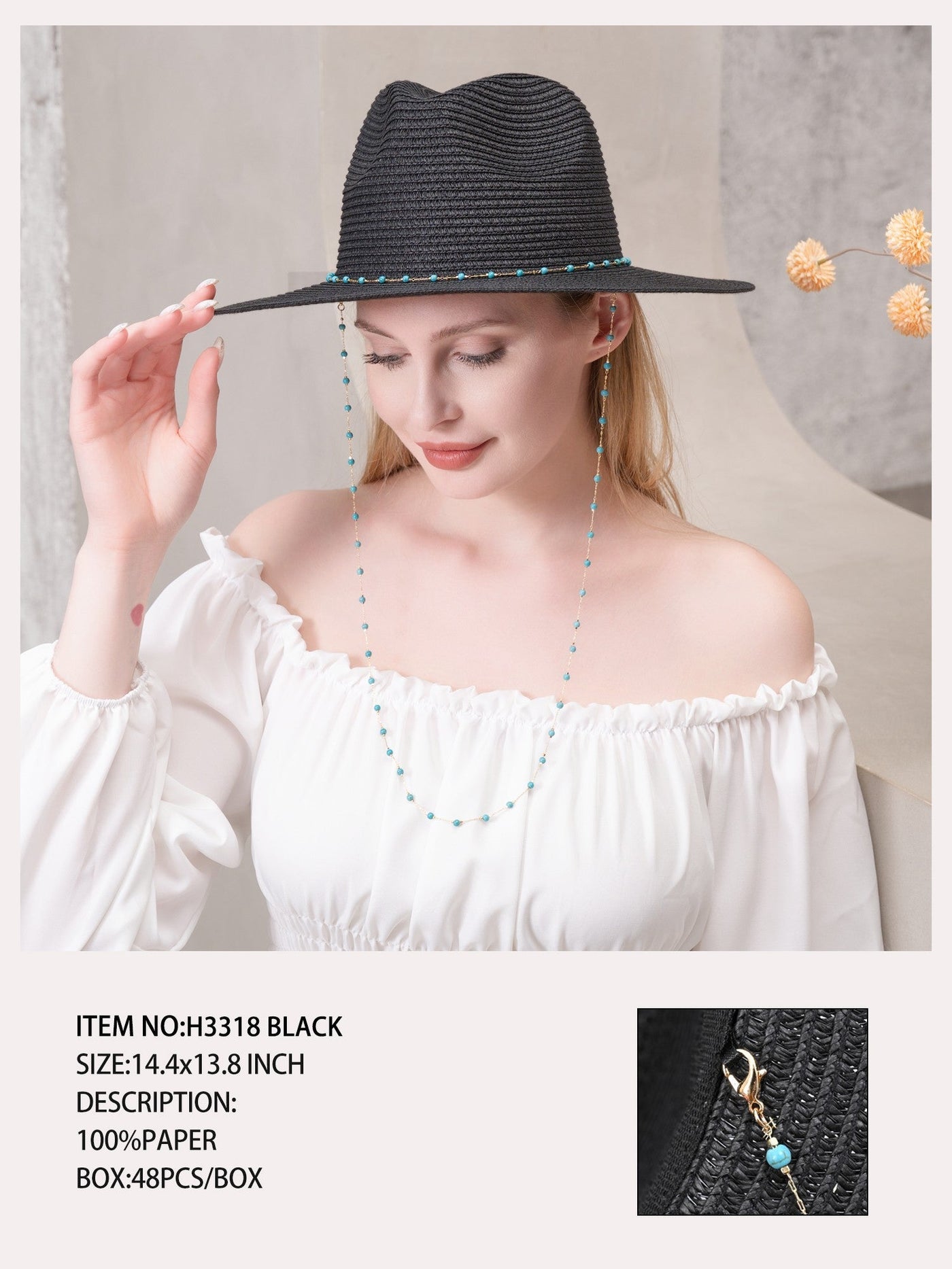 H3318 Turquoise Bead Chain Straw Panama Sun Hat - Honeytote