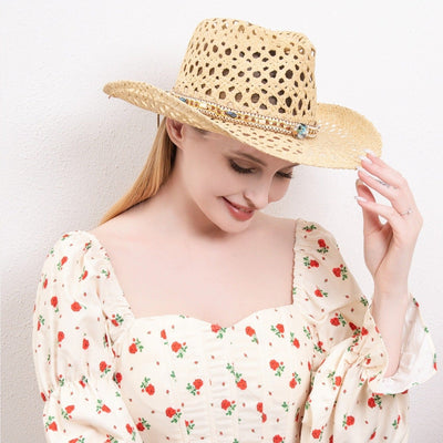 H3324 Boho Cut Out Cowboy Hat With Bead Detailing - Honeytote