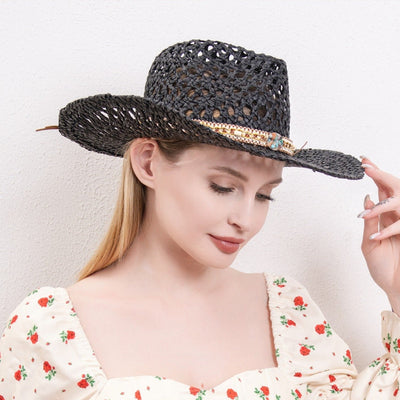 H3324 Boho Cut Out Cowboy Hat With Bead Detailing - Honeytote