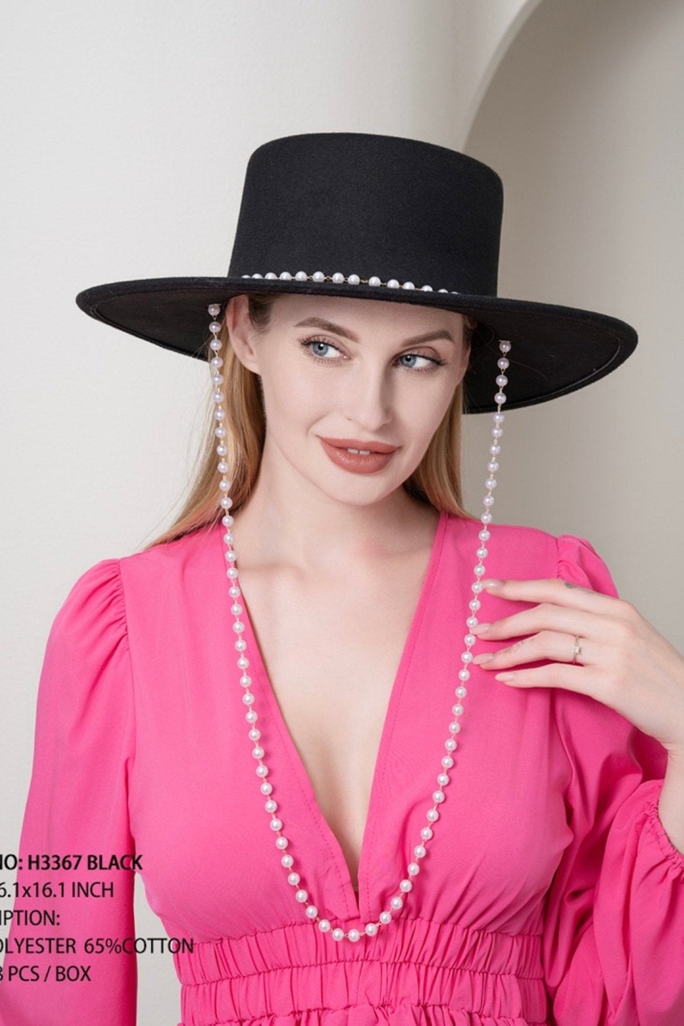 H3367 Adeline Top Hat With Pearl Chain - Honeytote