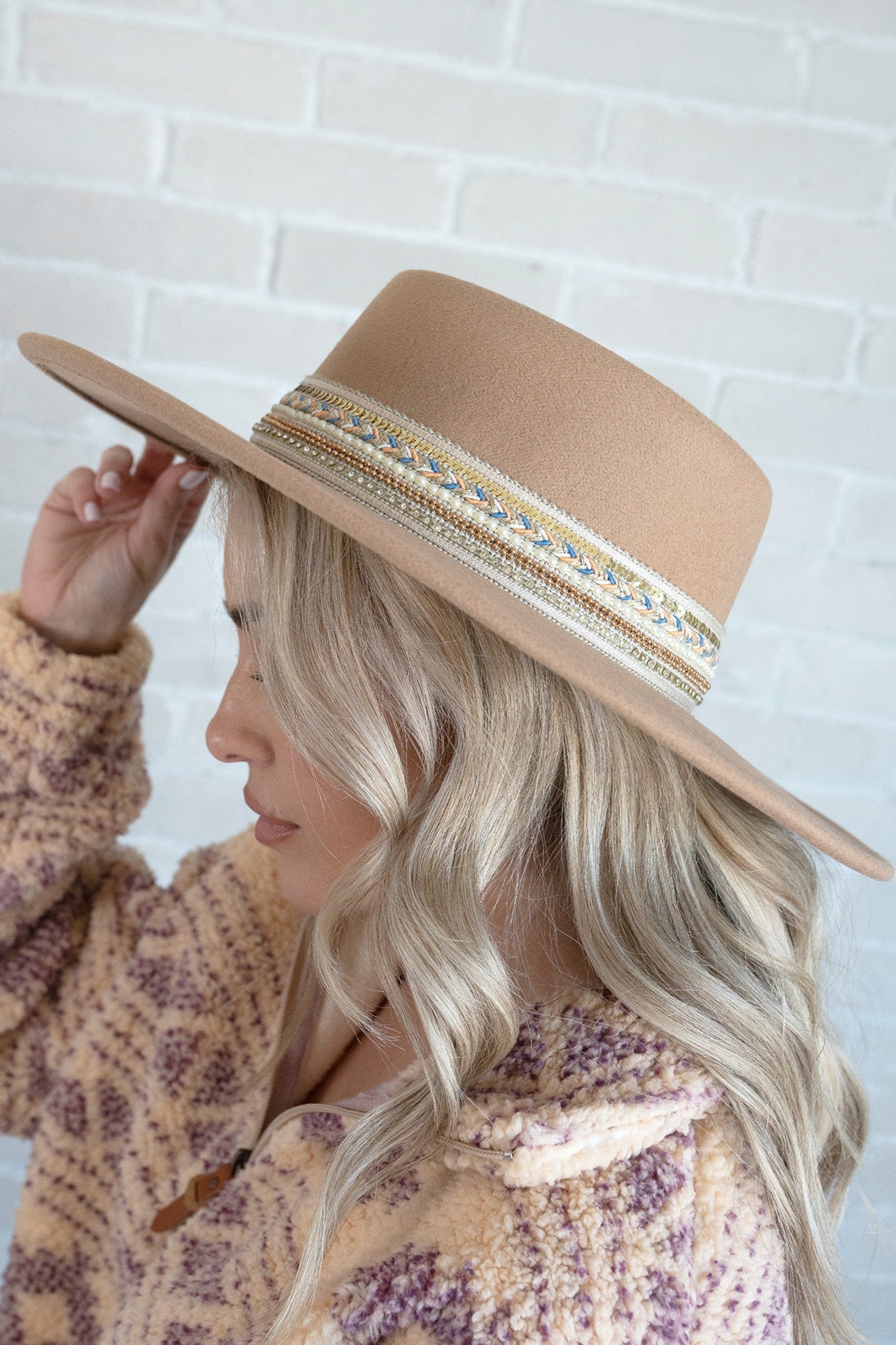 HAT2188 Blaze Multi Trim Wide Brim Fedora - Honeytote