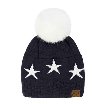 HAT4023 Ava Star Print Pom Beanie - MiMi Wholesale