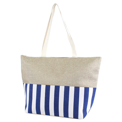 ST18C-1004 Burlap Top Monogrammable Stripes Print Tote/Beach Bag