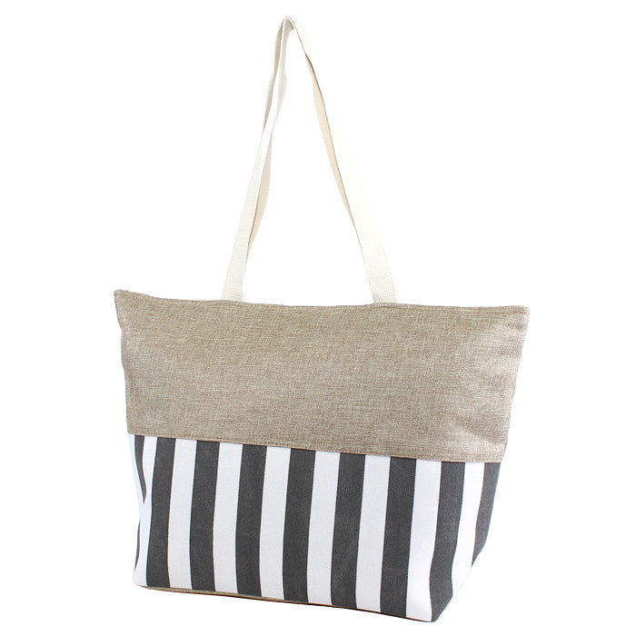 ST18C-1004 Burlap Top Monogrammable Stripes Print Tote/Beach Bag