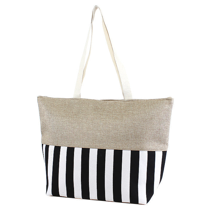 ST18C-1004 Burlap Top Monogrammable Stripes Print Tote/Beach Bag