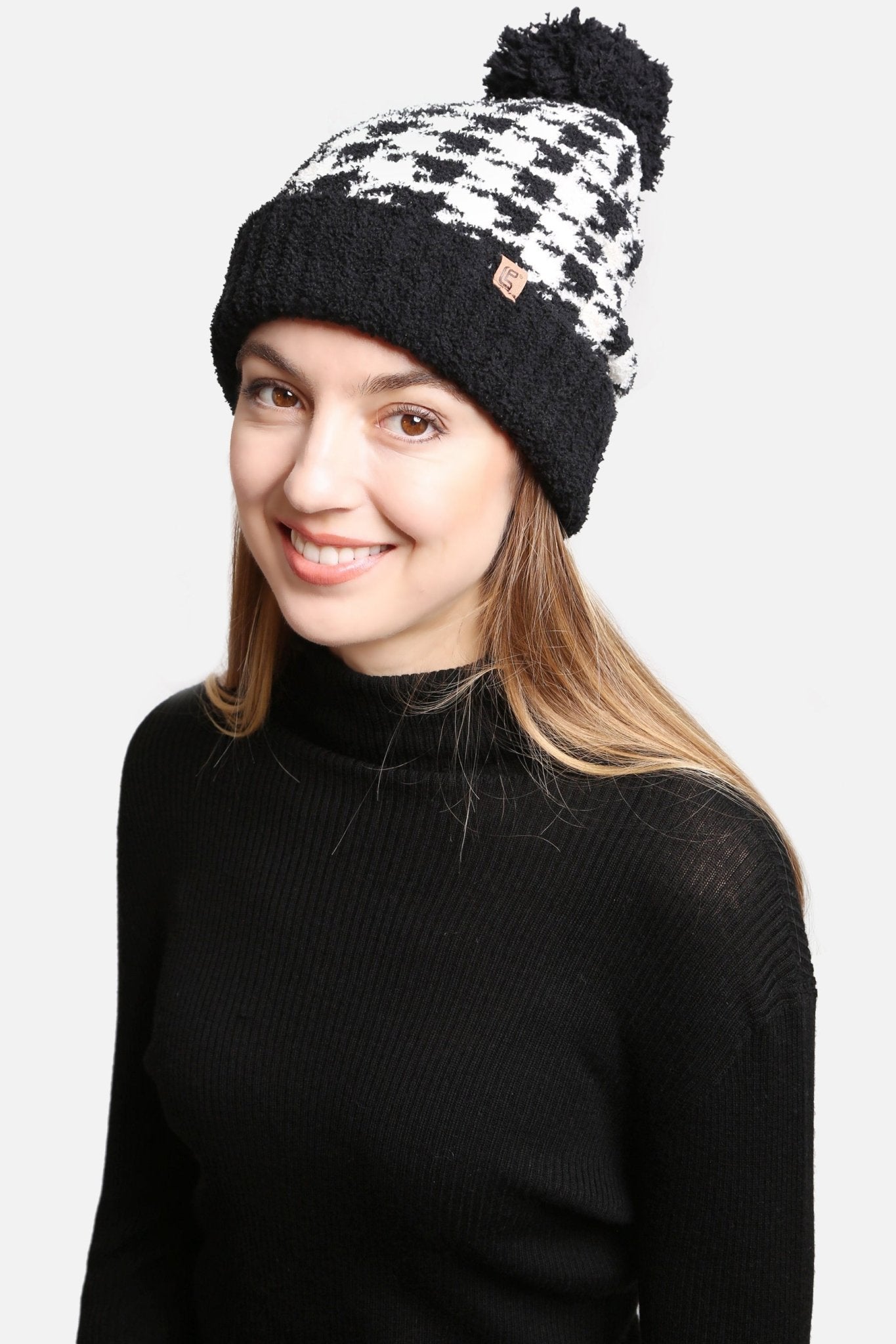 JH302 Houndstooth Super Lux Cuffed Pom-Pom Beanie - Honeytote